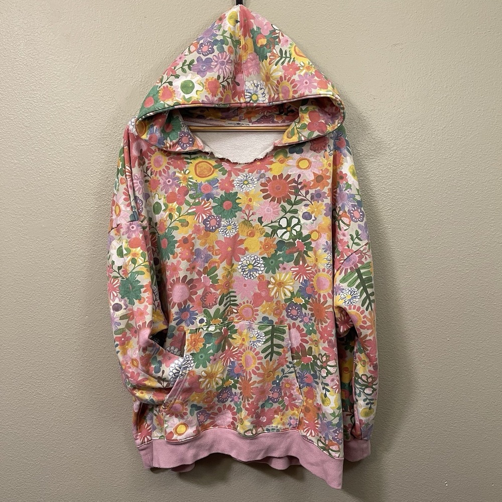 Natural Life Watercolor Floral Hoodie Oversized Distressed Artsy Maximalist L/XL